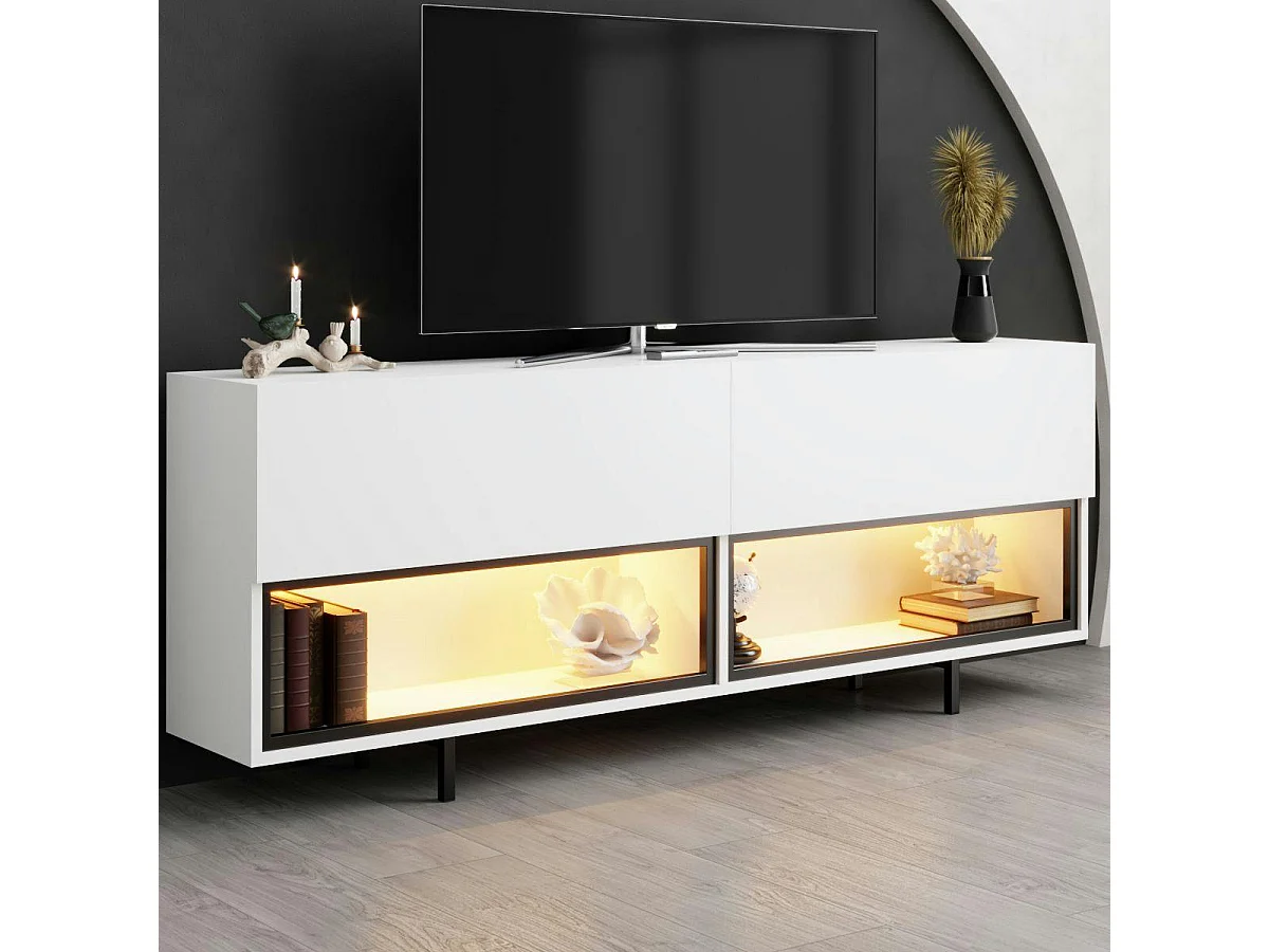 Meuble TV blanc 2 portes 2 niches LED à télécommande AURA