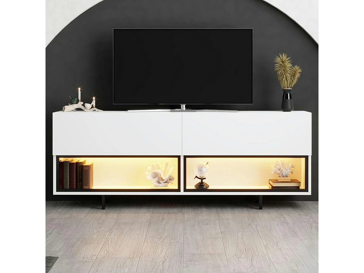 Meuble TV blanc 2 portes 2 niches LED à télécommande AURA