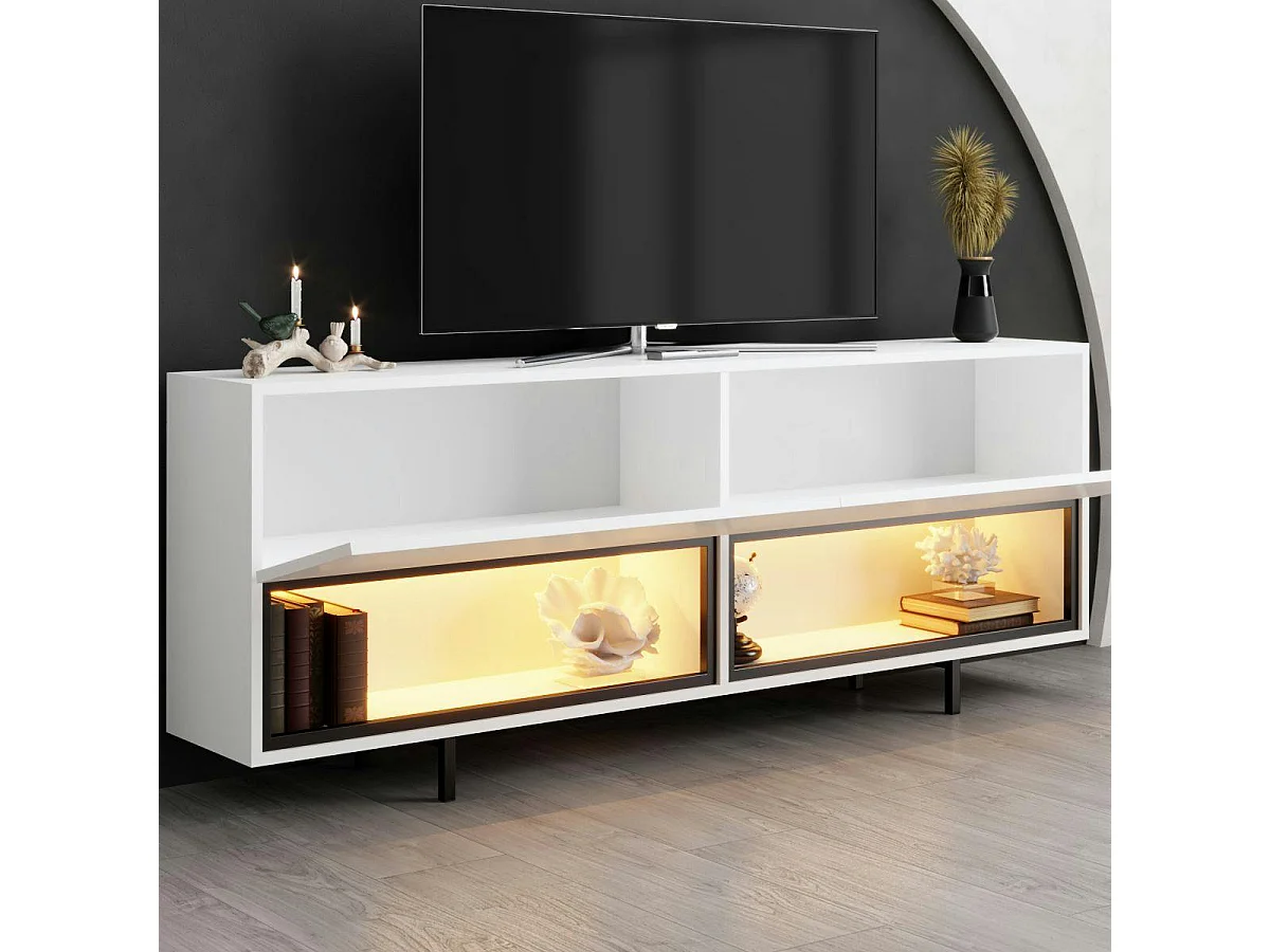 Meuble TV blanc 2 portes 2 niches LED à télécommande AURA