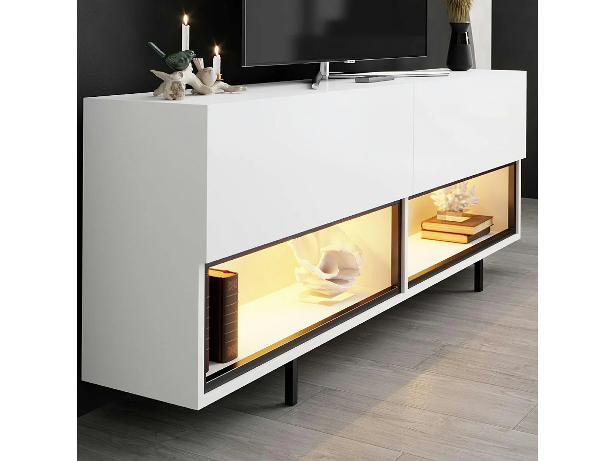 Meuble TV blanc 2 portes 2 niches LED à télécommande AURA