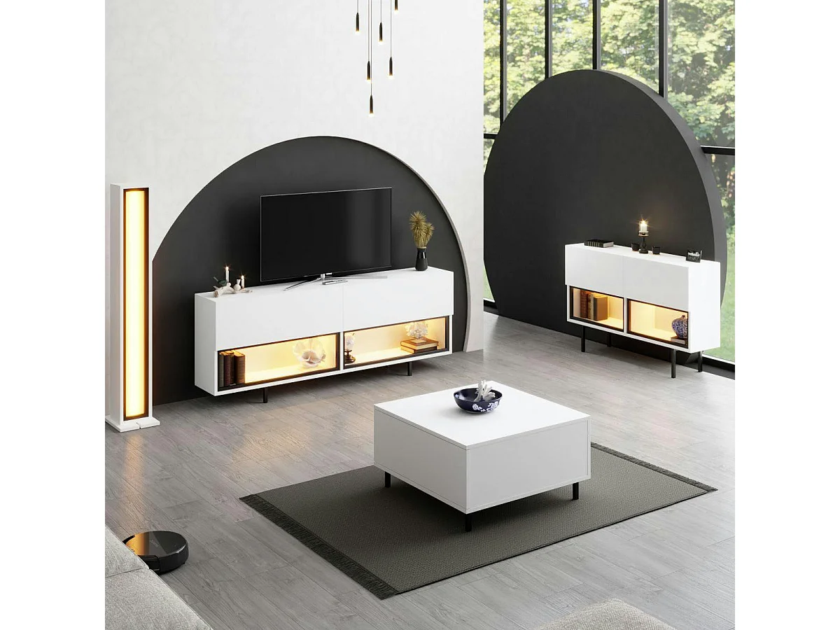 Meuble TV blanc 2 portes 2 niches LED à télécommande AURA