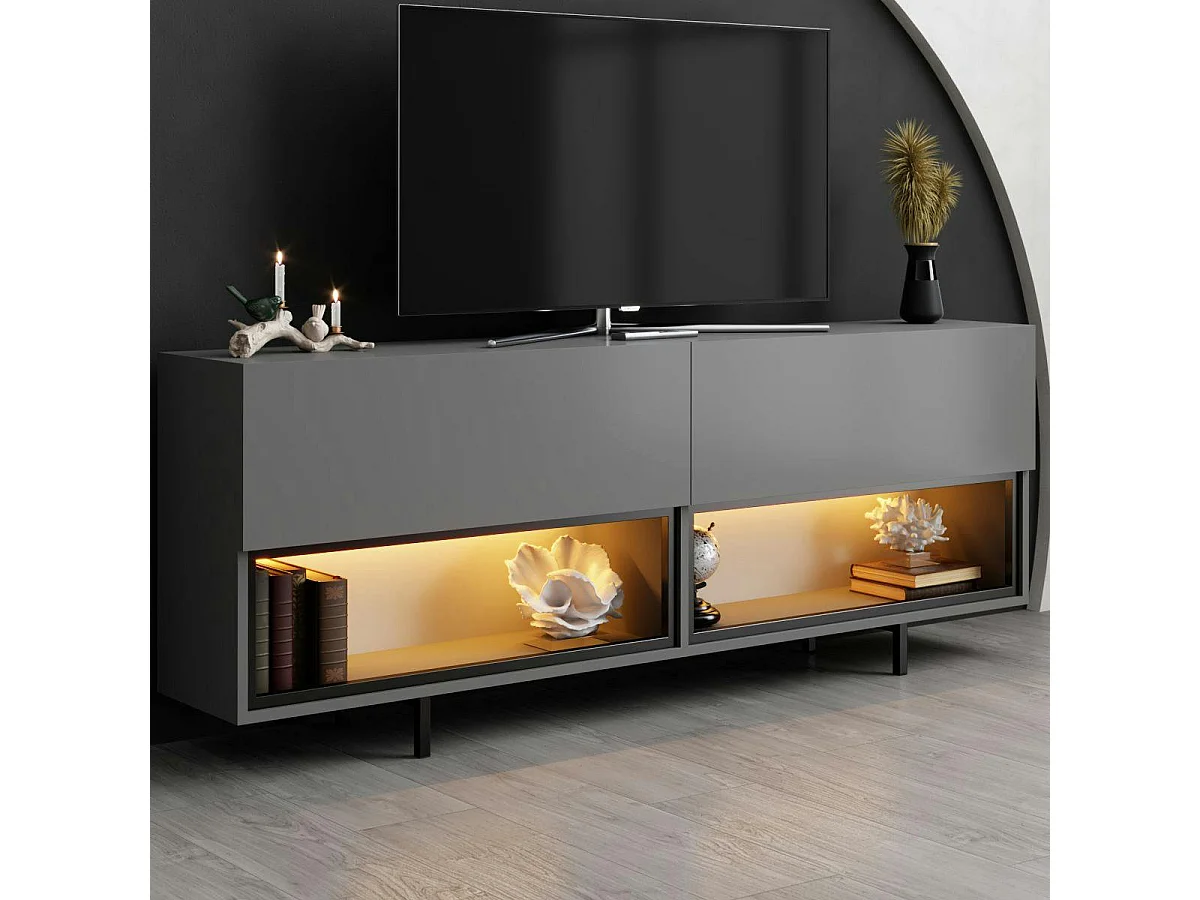 Meuble TV gris foncé 2 portes 2 niches LED à télécommande AURA