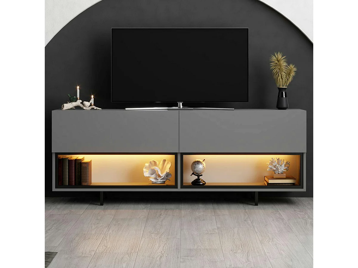 Meuble TV gris foncé 2 portes 2 niches LED à télécommande AURA