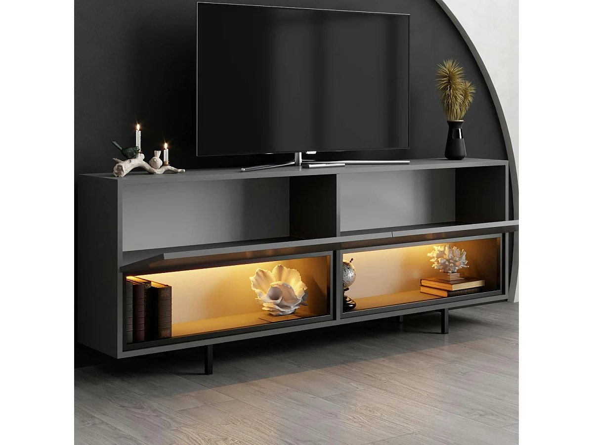 Meuble TV gris foncé 2 portes 2 niches LED à télécommande AURA