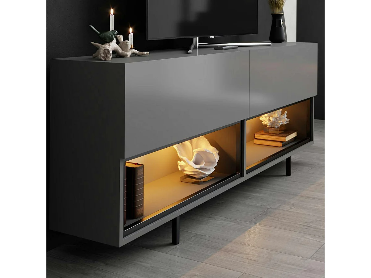 Meuble TV gris foncé 2 portes 2 niches LED à télécommande AURA