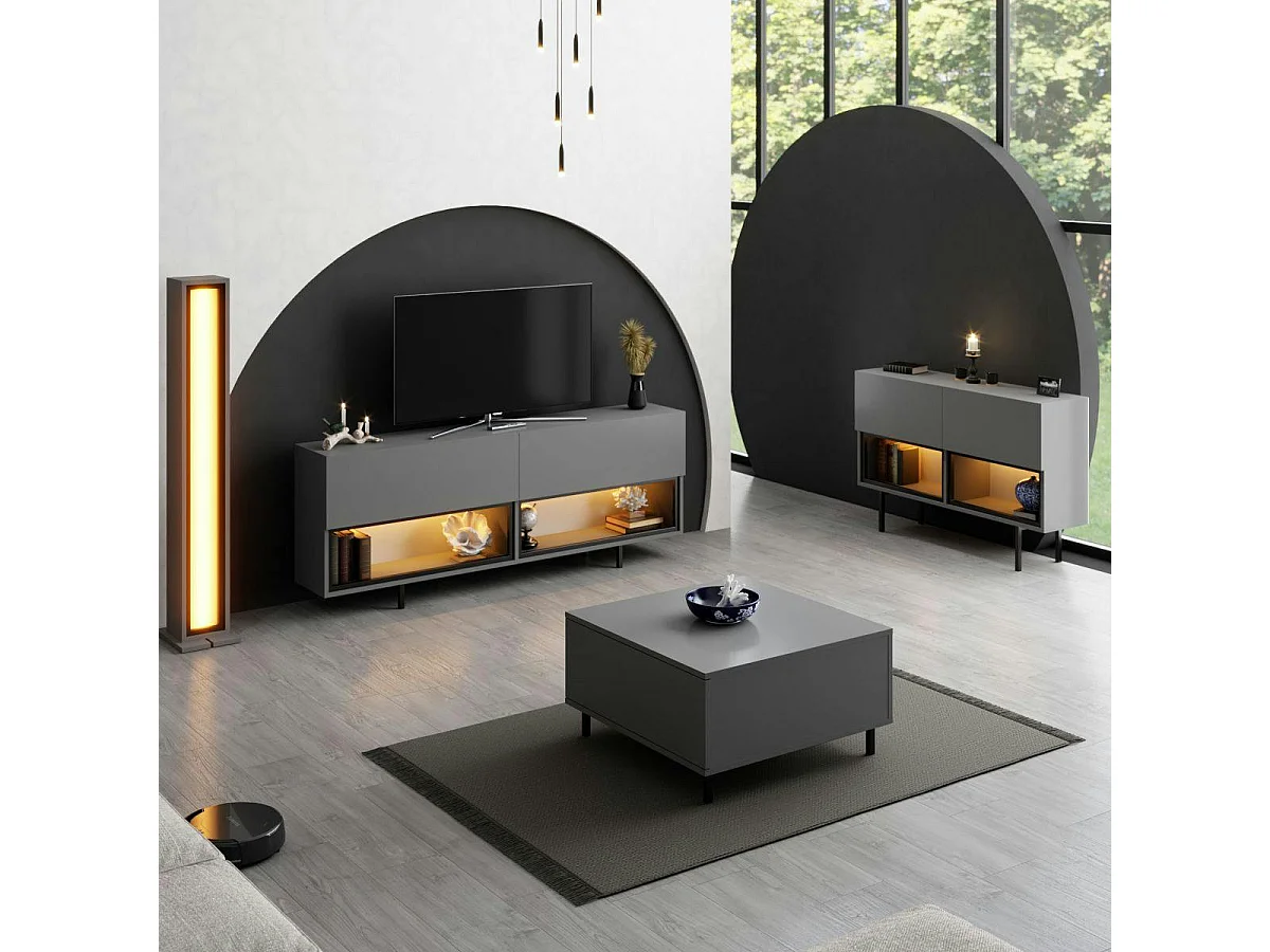 Meuble TV gris foncé 2 portes 2 niches LED à télécommande AURA