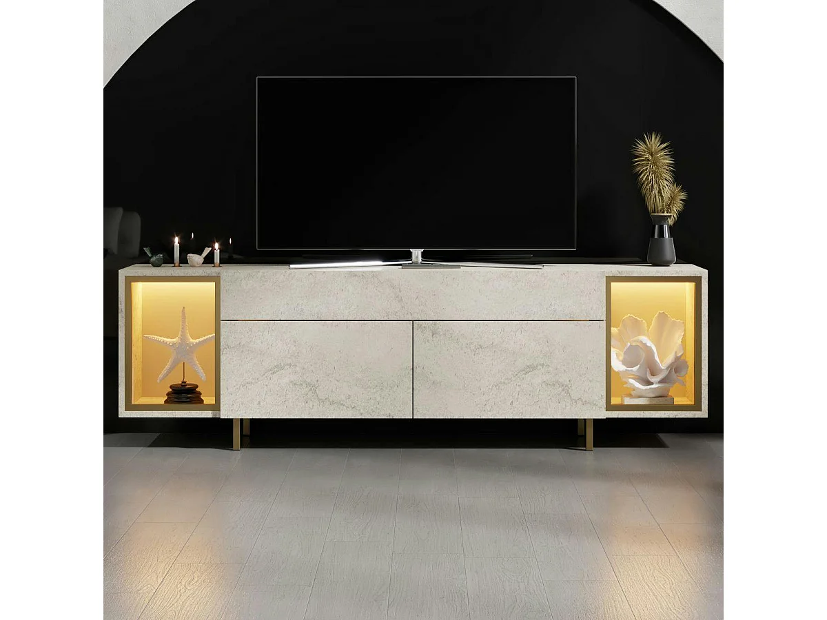 Meuble TV décor travertin et doré 2 portes 2 niches LED AURA