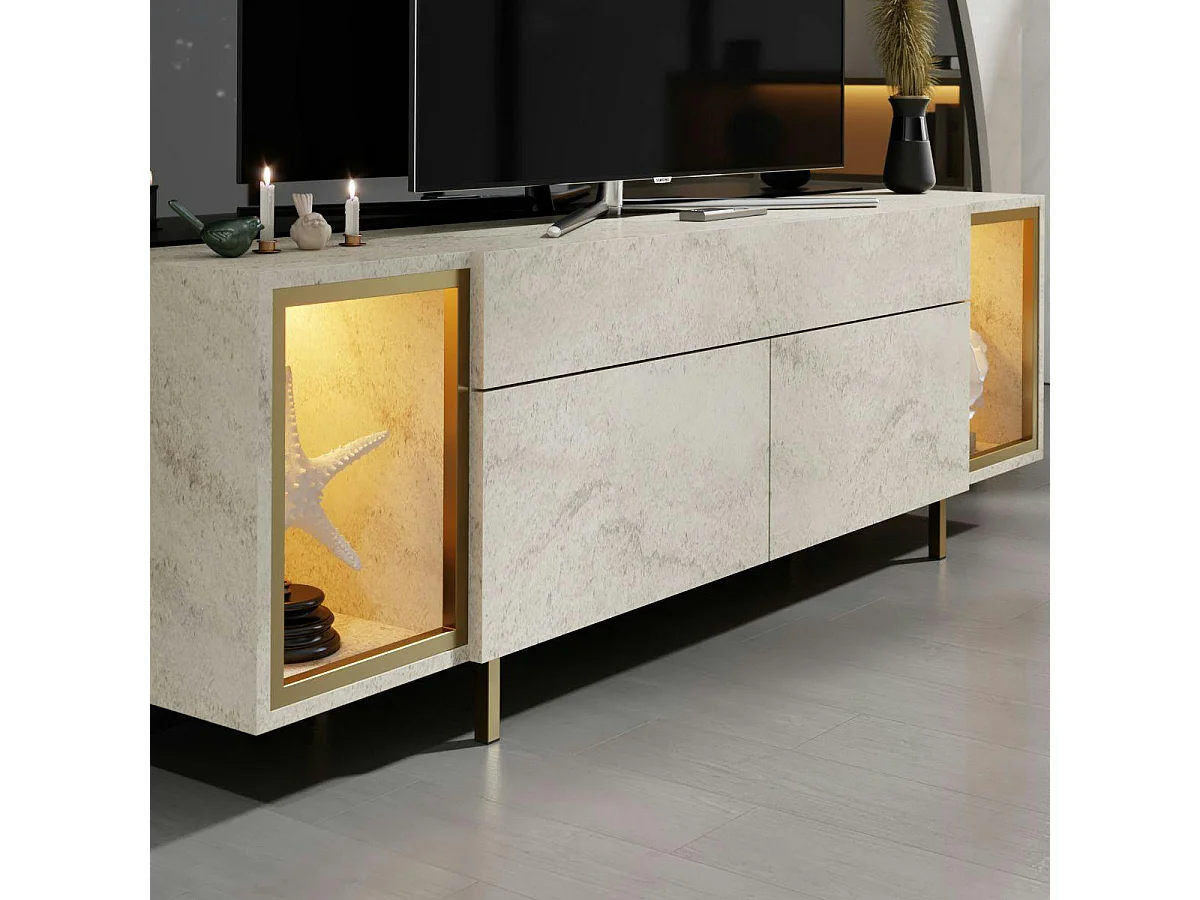Meuble TV décor travertin et doré 2 portes 2 niches LED AURA