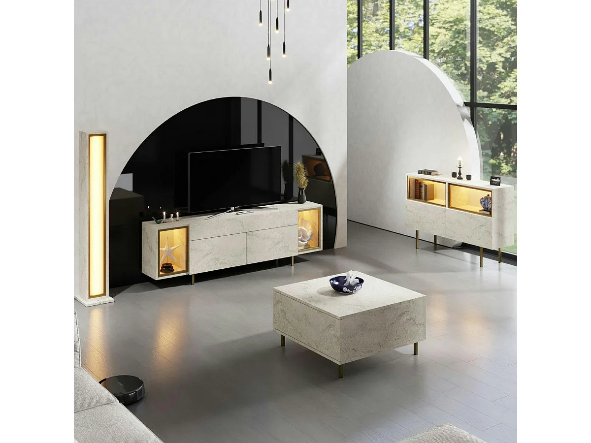 Meuble TV décor travertin et doré 2 portes 2 niches LED AURA