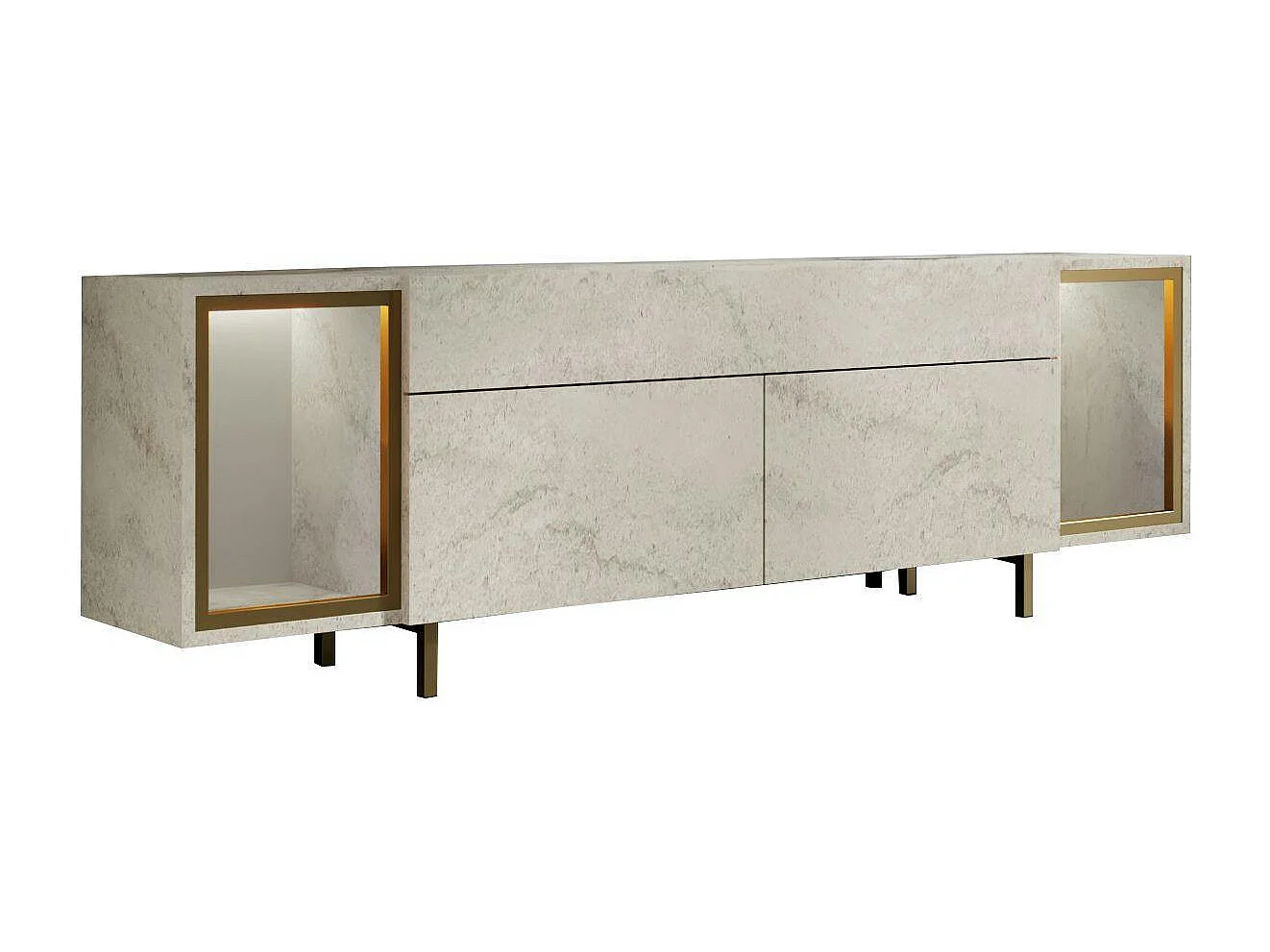 Meuble TV décor travertin et doré 2 portes 2 niches LED AURA