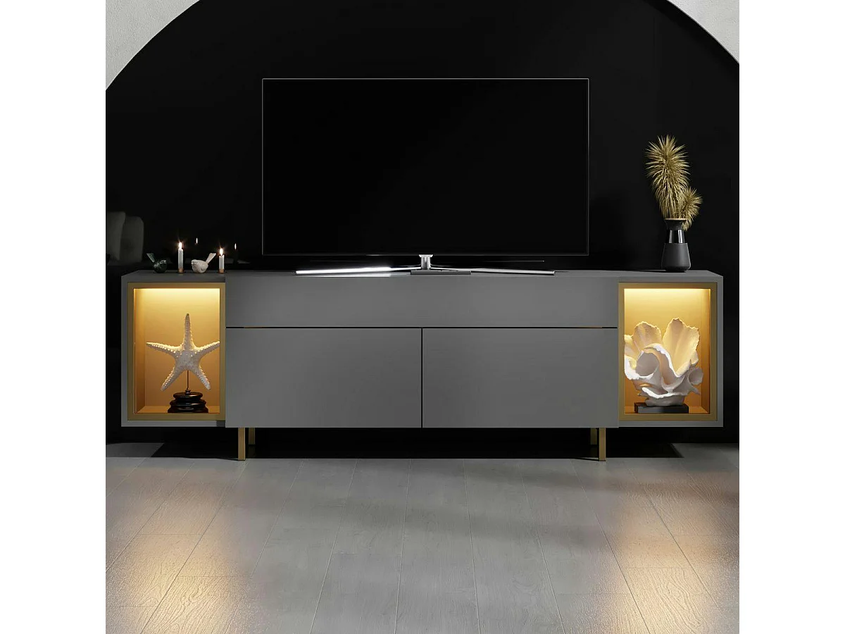 Meuble TV gris et doré 2 portes 2 niches LED AURA