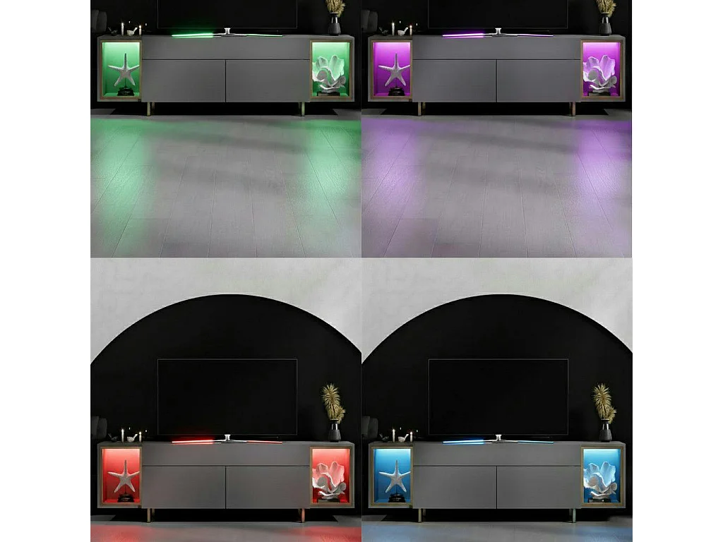 Meuble TV gris et doré 2 portes 2 niches LED AURA