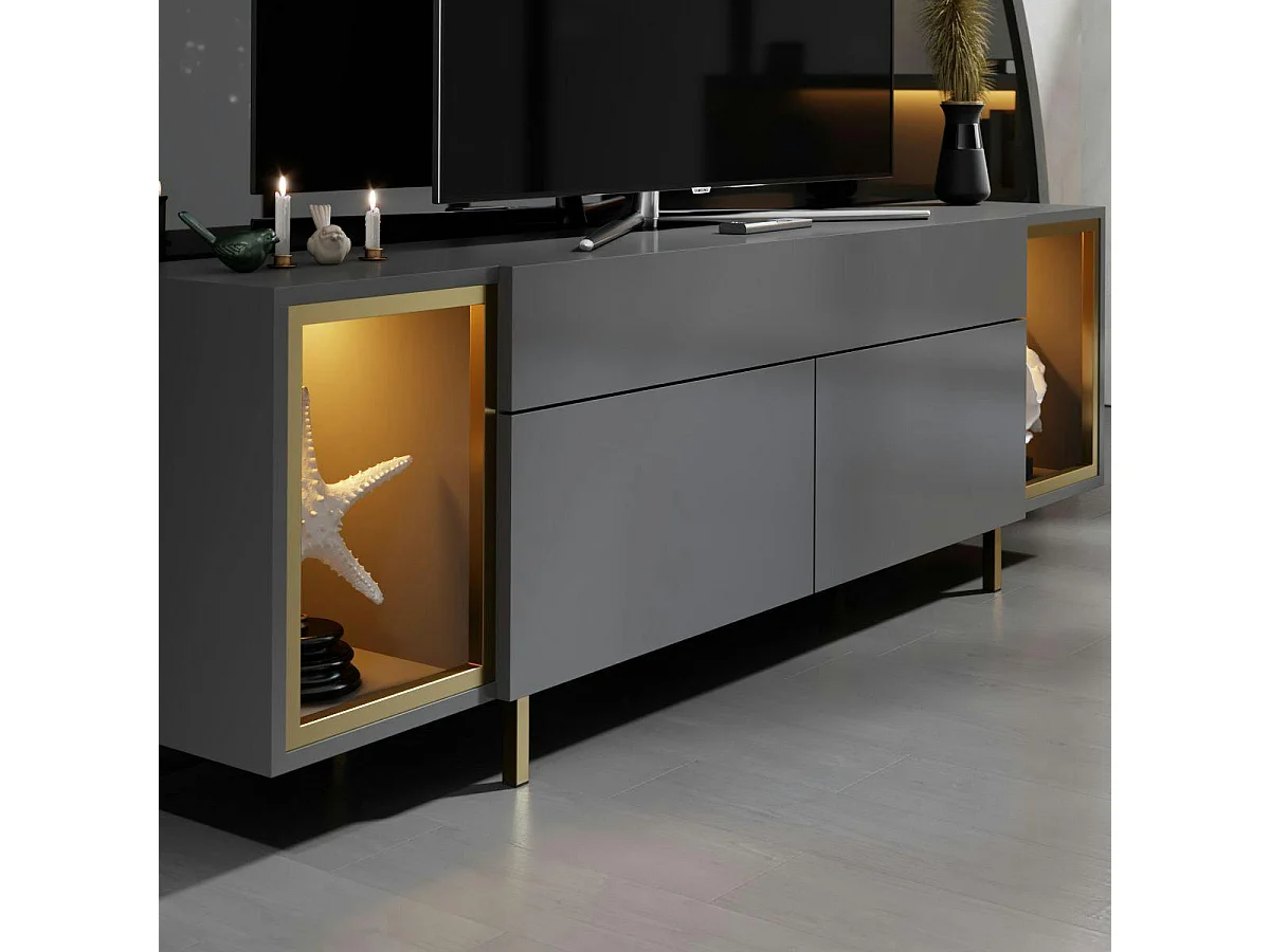 Meuble TV gris et doré 2 portes 2 niches LED AURA