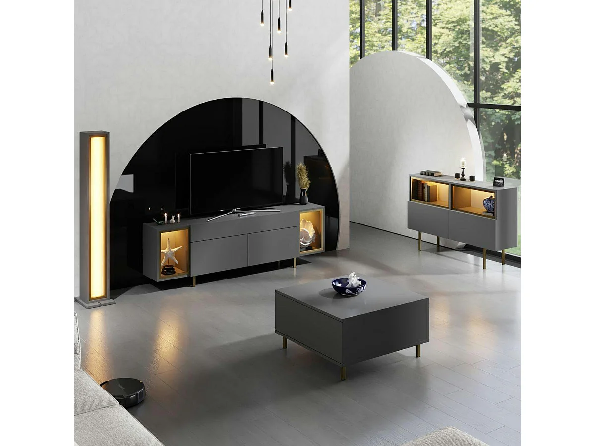 Meuble TV gris et doré 2 portes 2 niches LED AURA