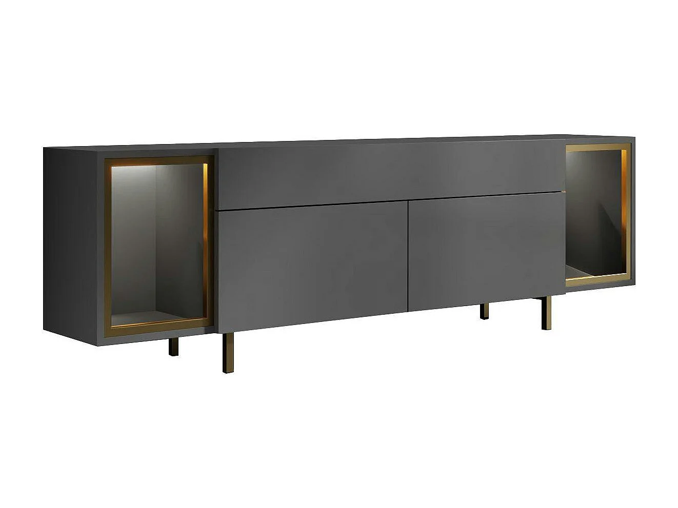 Meuble TV gris et doré 2 portes 2 niches LED AURA