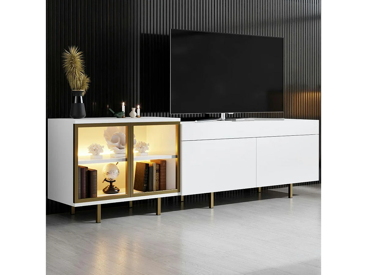 Meuble TV blanc et doré 2 portes 1 niche LED AURA