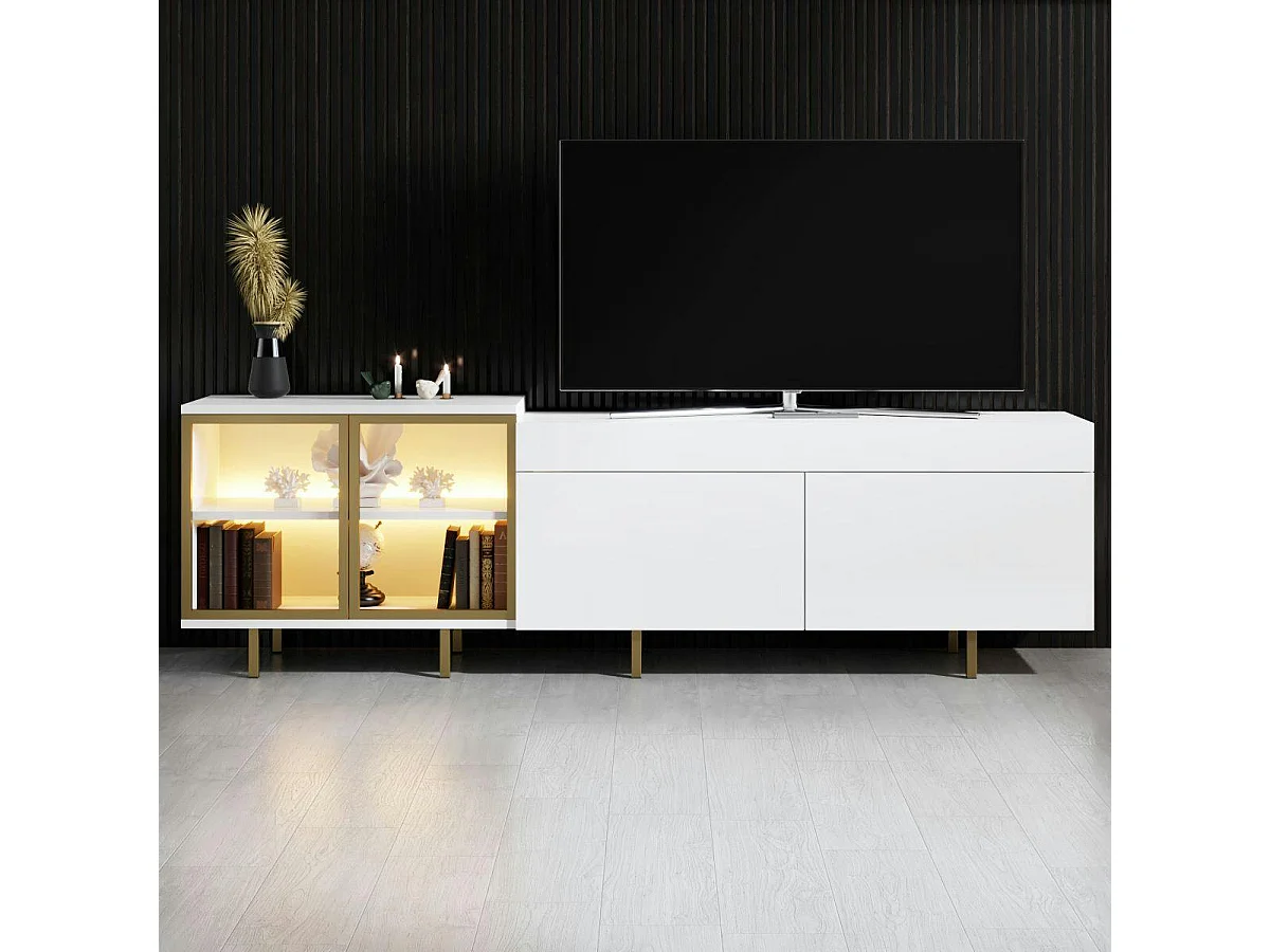 Meuble TV blanc et doré 2 portes 1 niche LED AURA