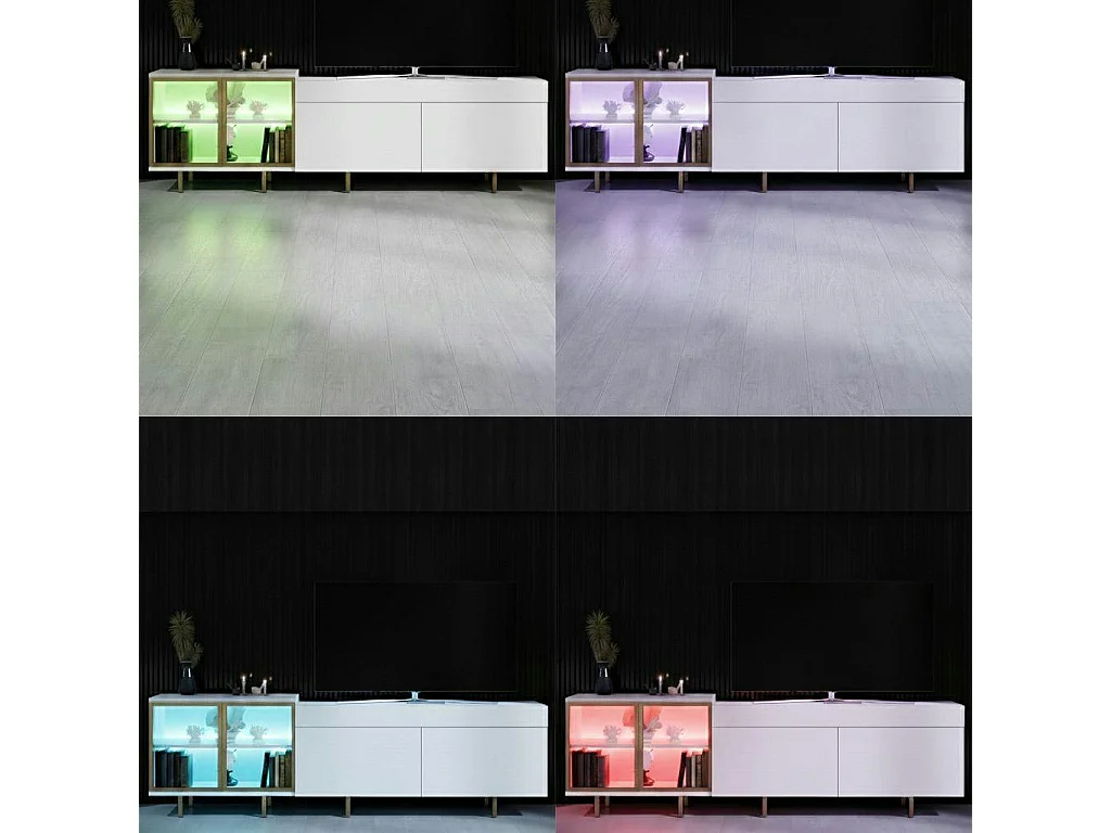 Meuble TV blanc et doré 2 portes 1 niche LED AURA