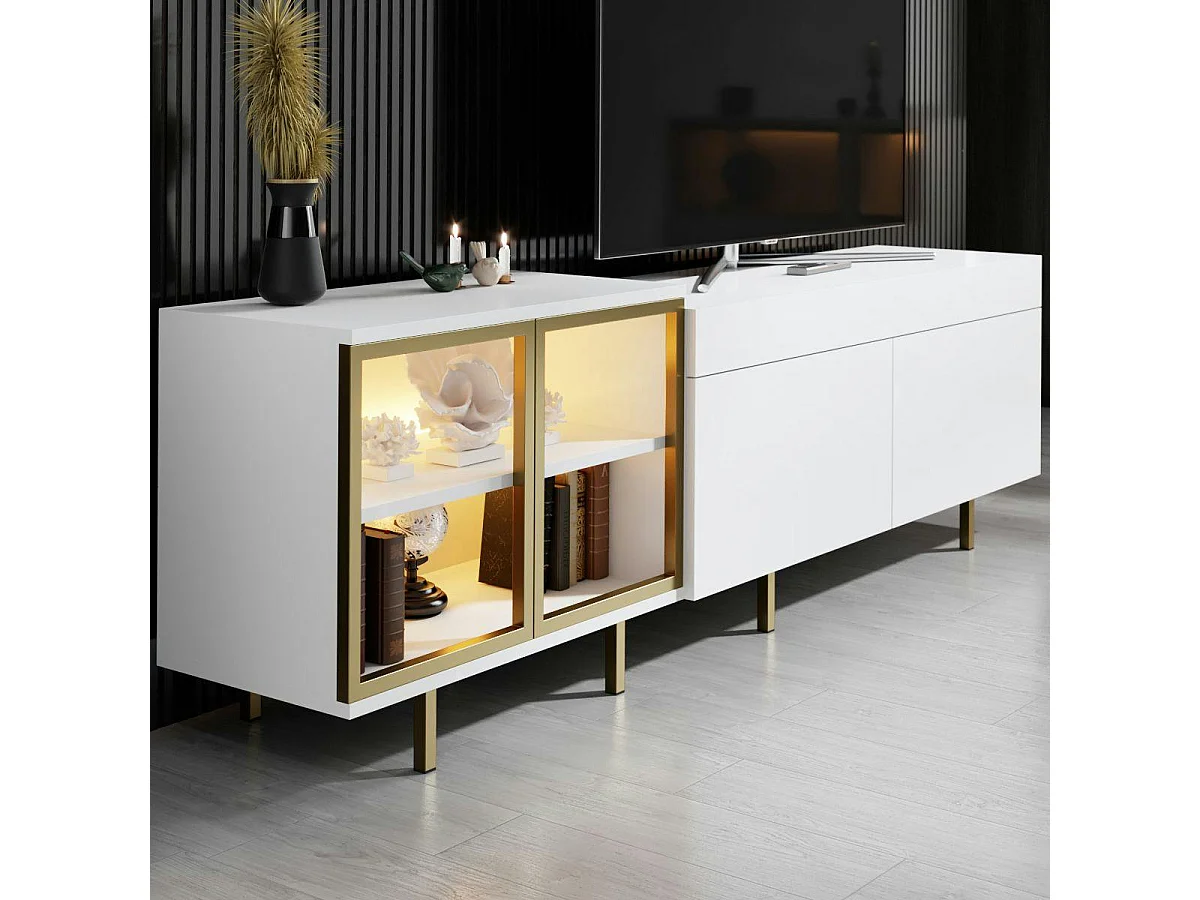 Meuble TV blanc et doré 2 portes 1 niche LED AURA