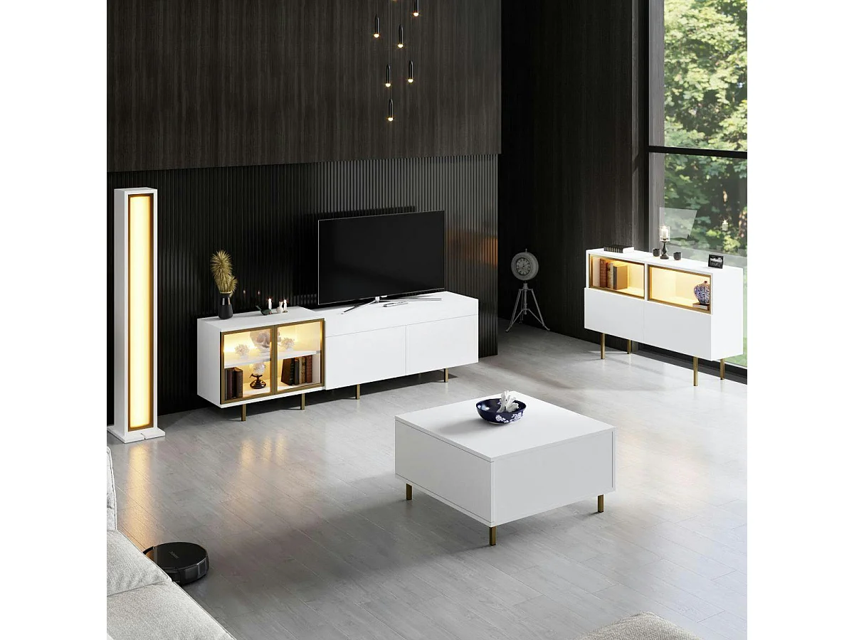 Meuble TV blanc et doré 2 portes 1 niche LED AURA