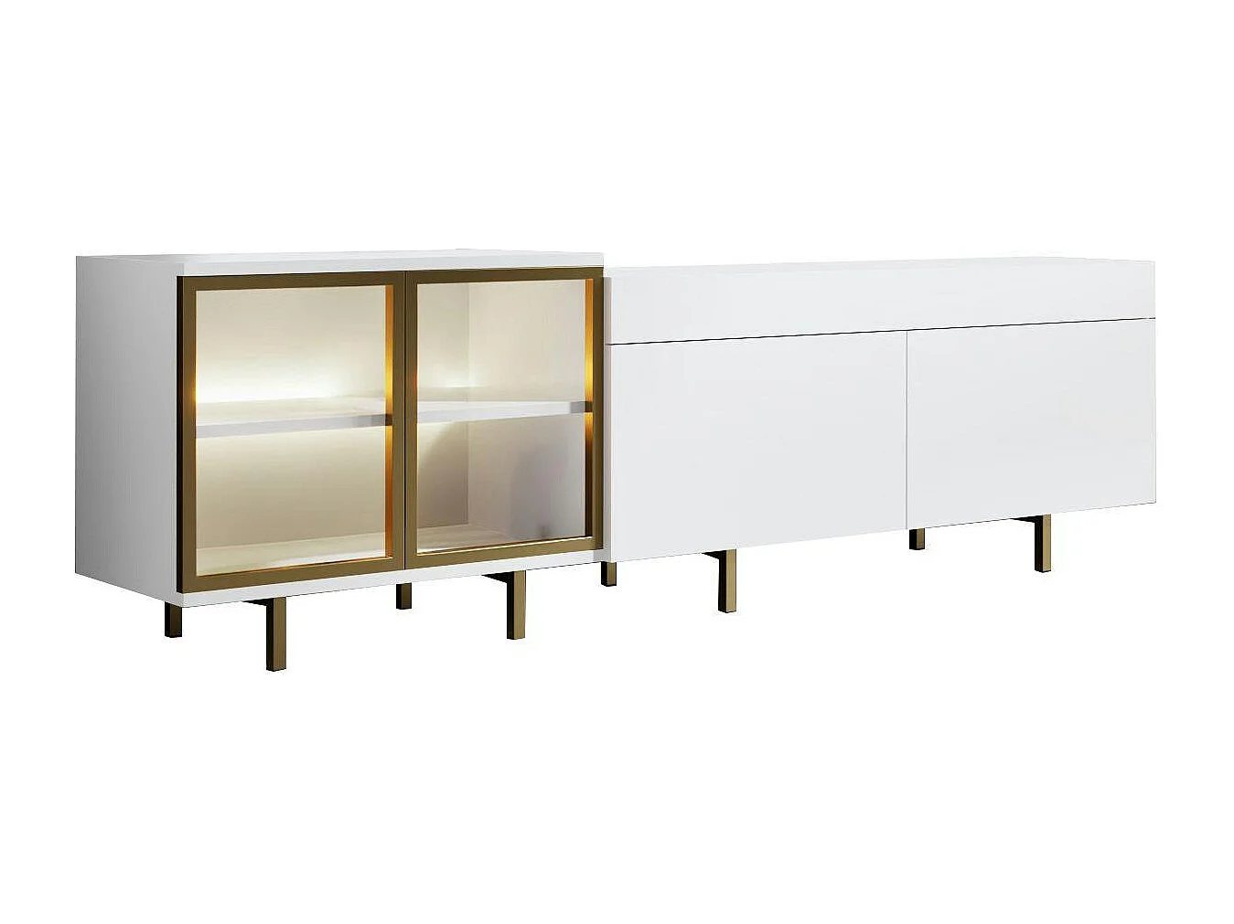 Meuble TV blanc et doré 2 portes 1 niche LED AURA