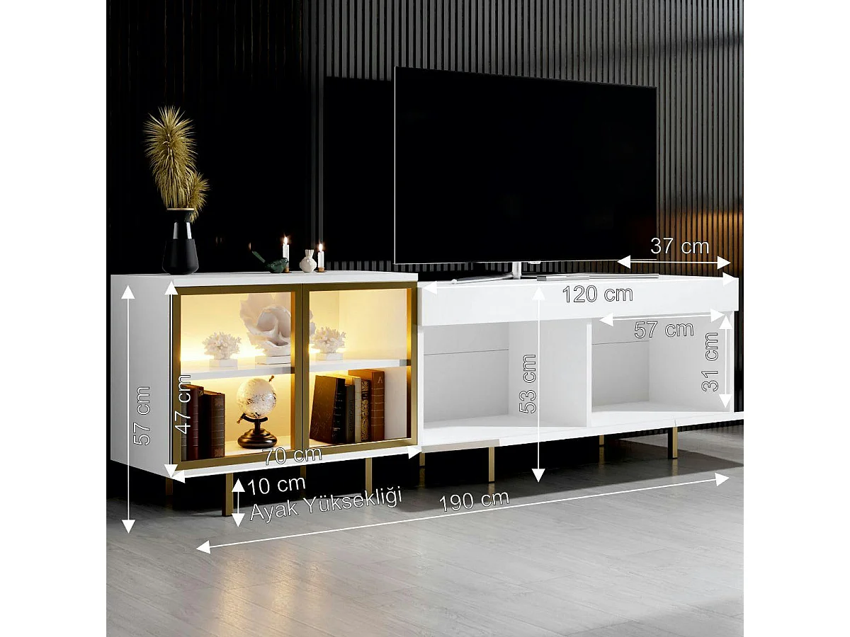Meuble TV blanc et doré 2 portes 1 niche LED AURA