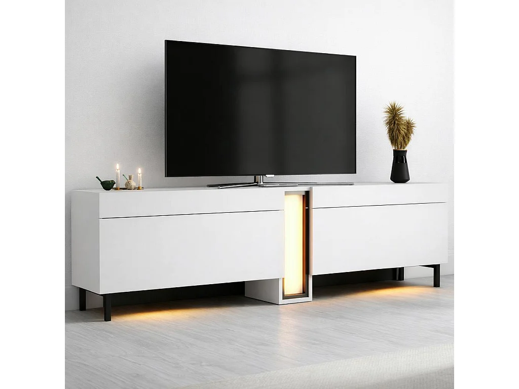 Meuble TV 2 portes blanc colonne LED à télécommande AURA