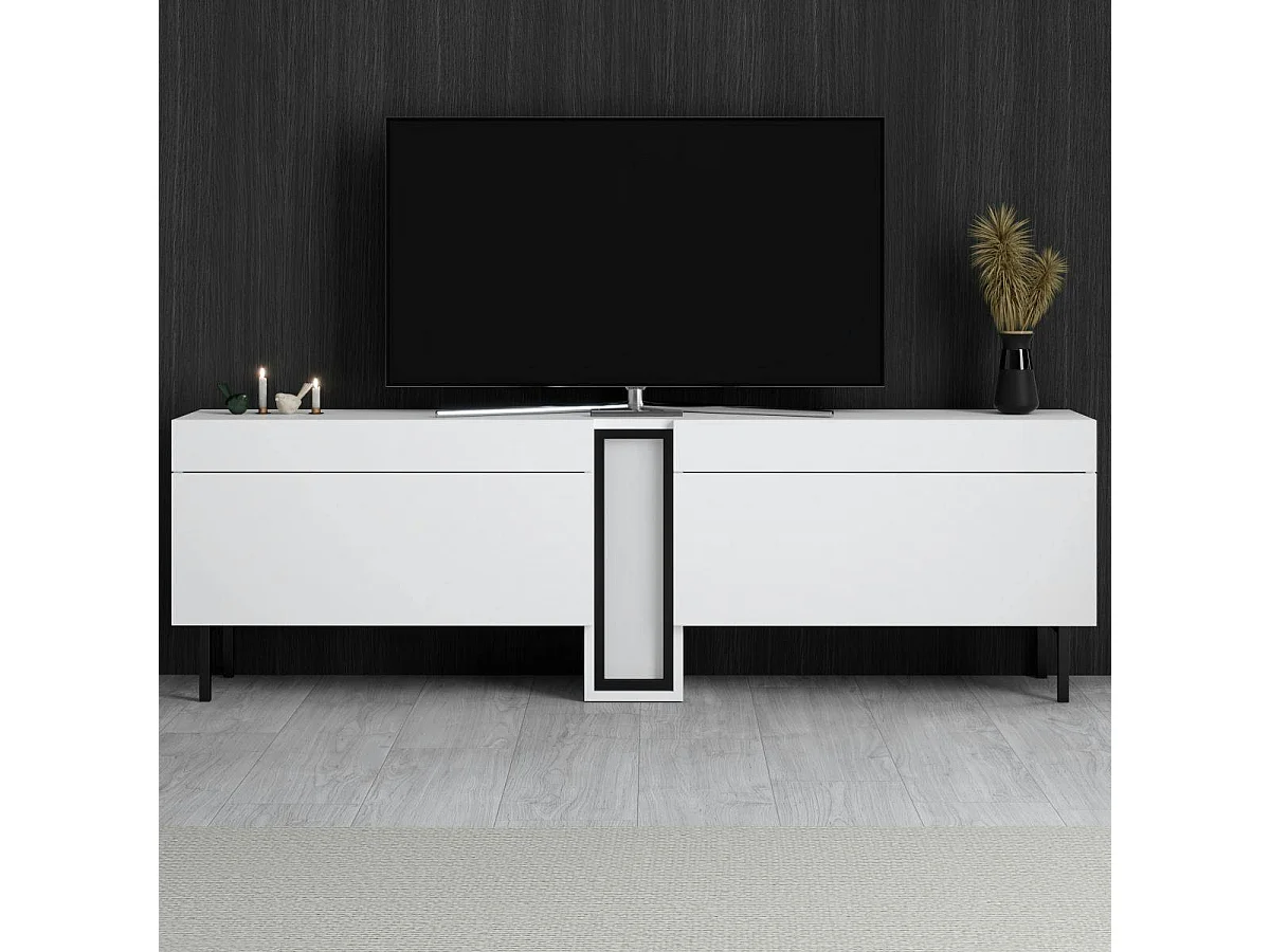 Meuble TV 2 portes blanc colonne LED à télécommande AURA