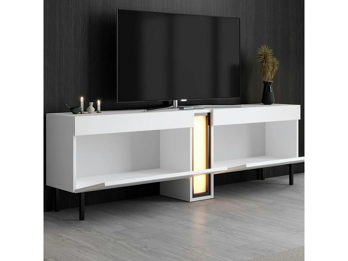 Meuble TV 2 portes blanc colonne LED à télécommande AURA