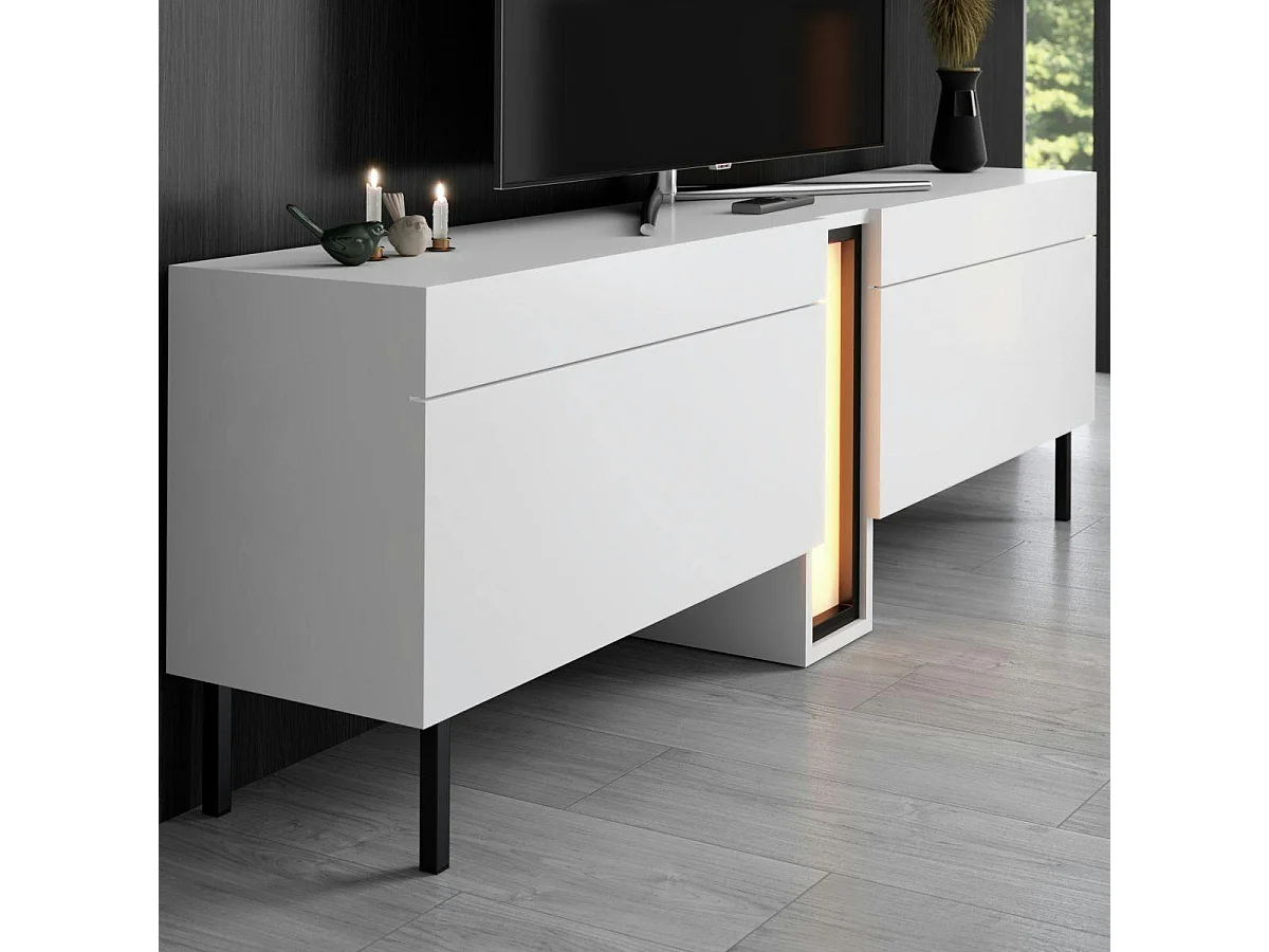 Meuble TV 2 portes blanc colonne LED à télécommande AURA