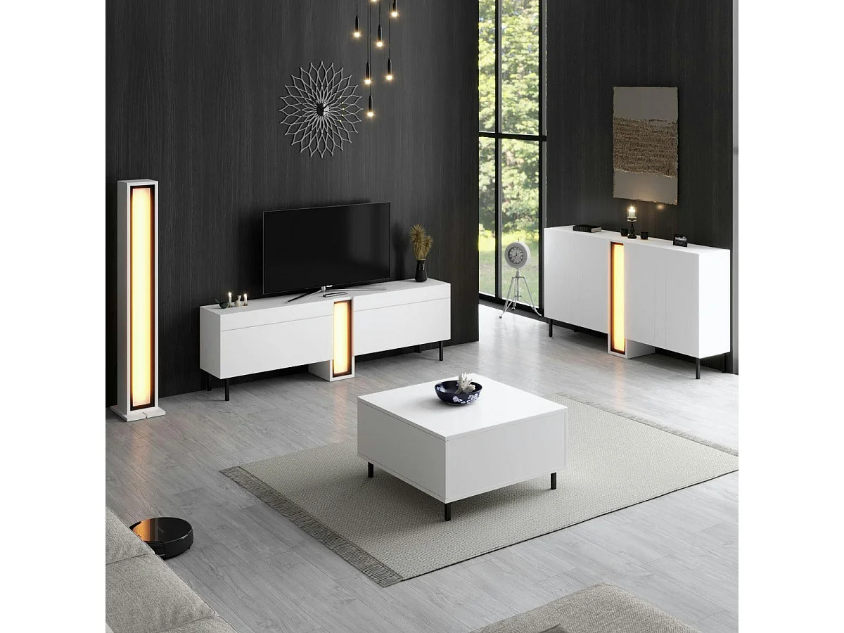 Meuble TV 2 portes blanc colonne LED à télécommande AURA