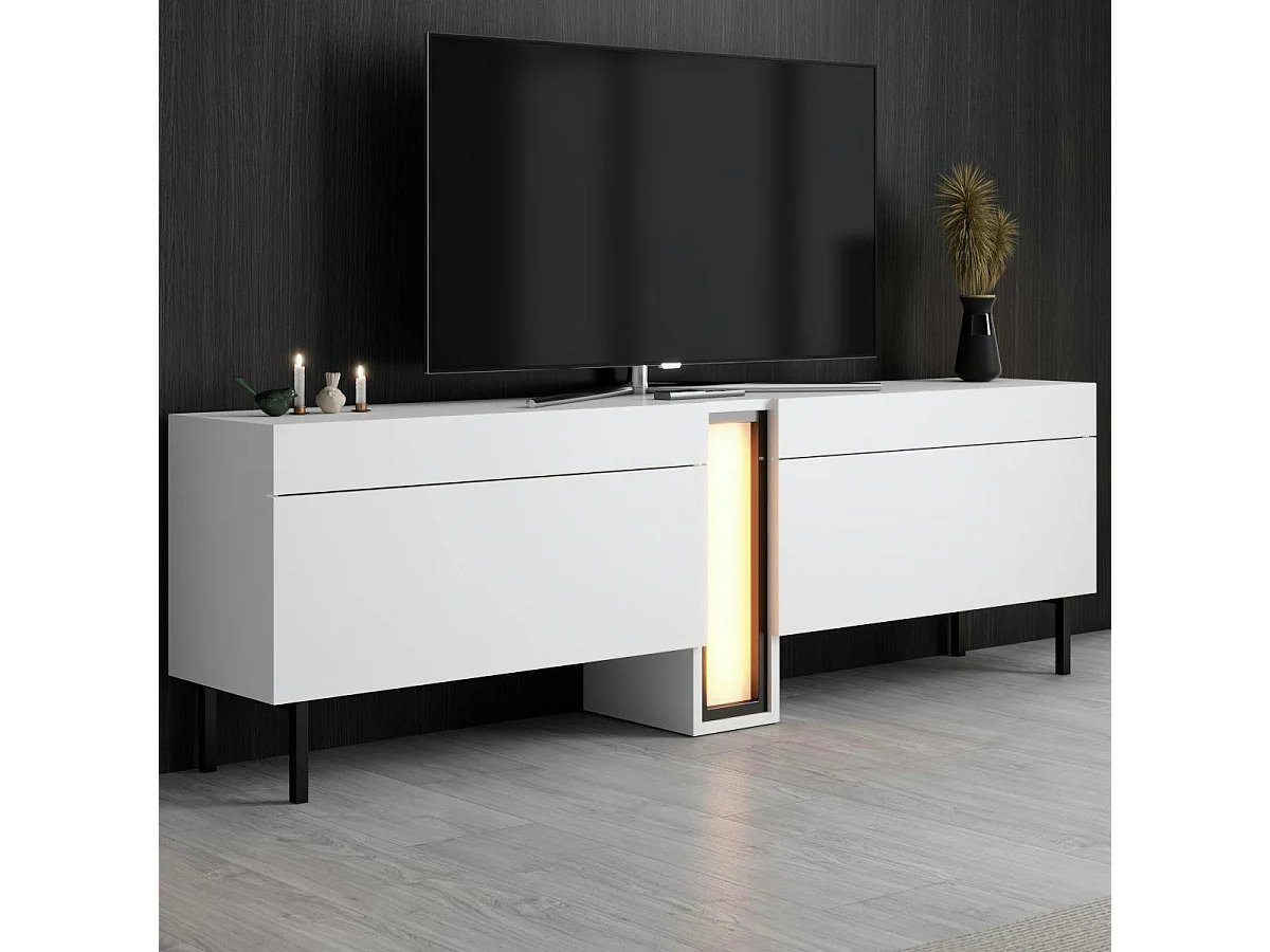 Meuble TV 2 portes blanc colonne LED à télécommande AURA