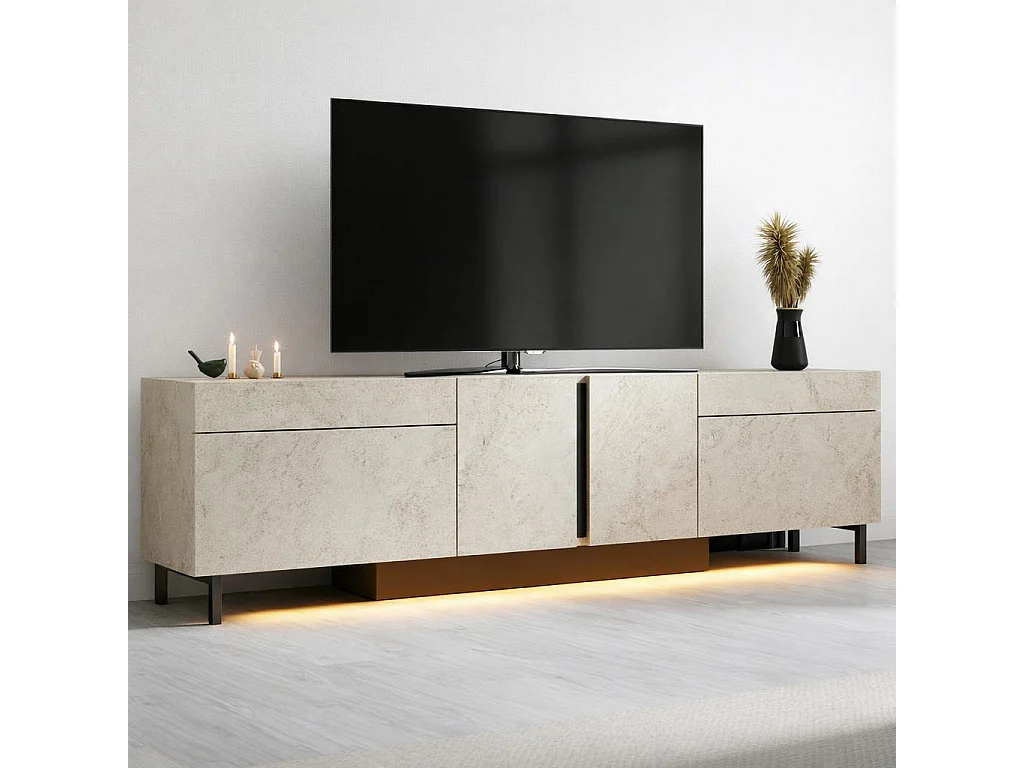 Meuble TV 4 portes décor travertin LED à télécommande AURA