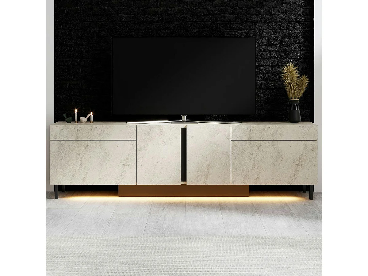 Meuble TV 4 portes décor travertin LED à télécommande AURA