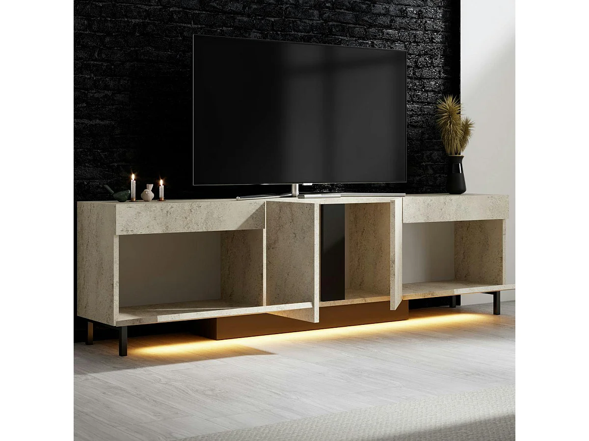 Meuble TV 4 portes décor travertin LED à télécommande AURA
