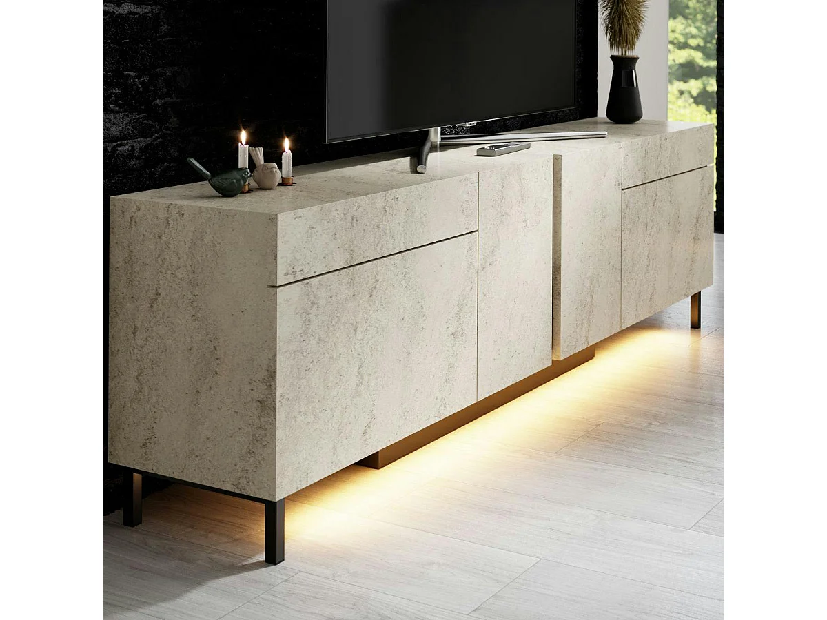 Meuble TV 4 portes décor travertin LED à télécommande AURA