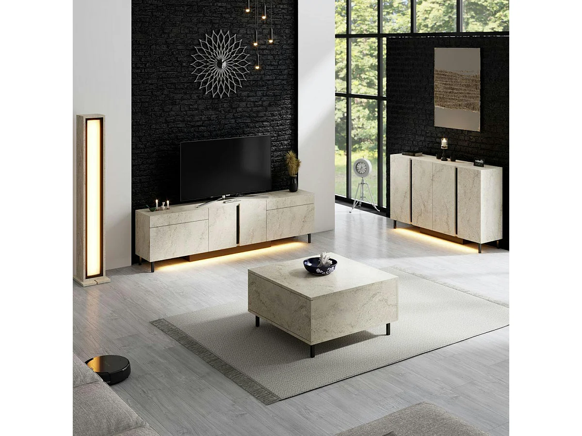 Meuble TV 4 portes décor travertin LED à télécommande AURA