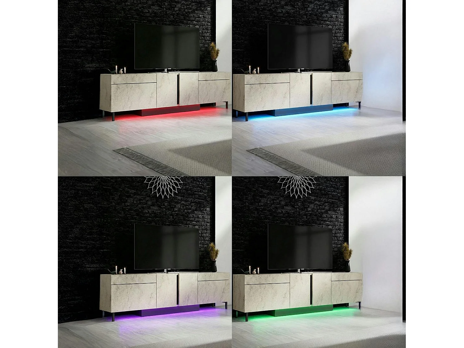 Meuble TV 4 portes décor travertin LED à télécommande AURA