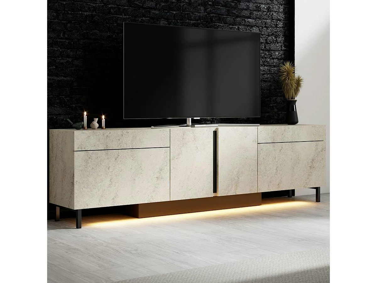 Meuble TV 4 portes décor travertin LED à télécommande AURA