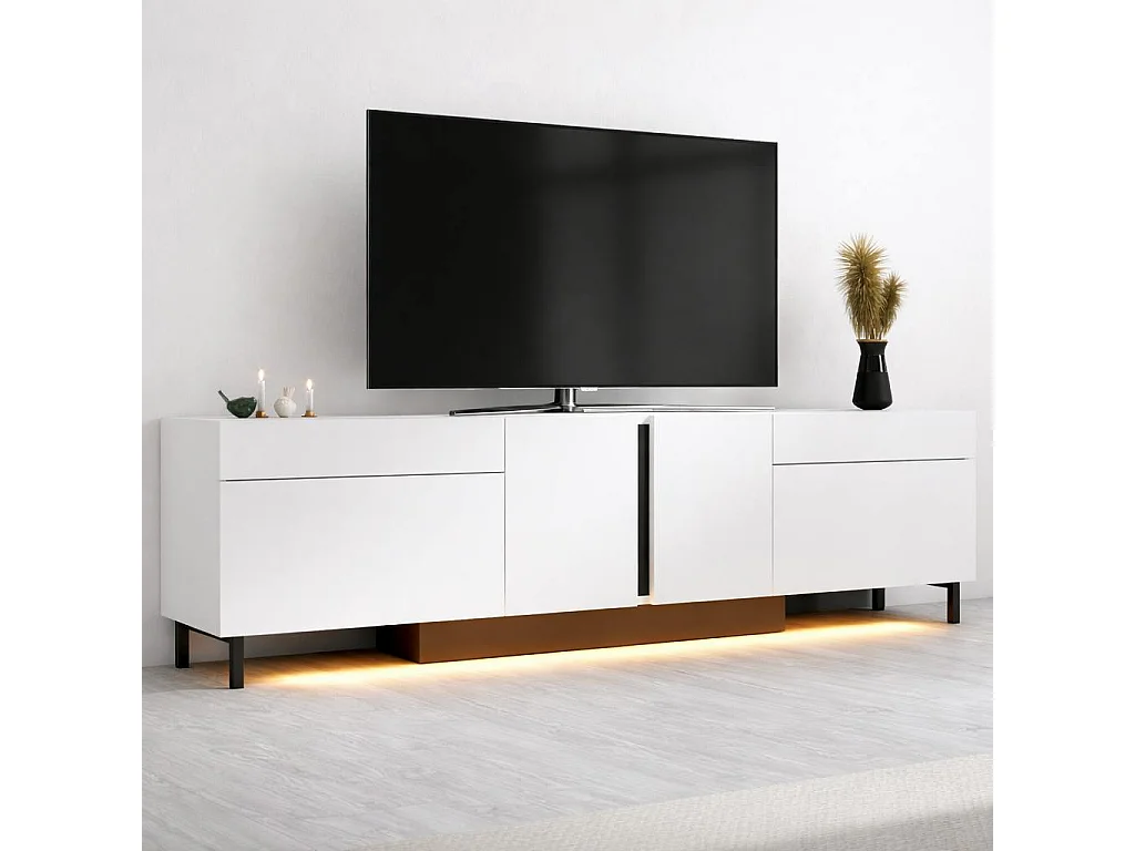 Meuble TV 4 portes blanc LED à télécommande AURA
