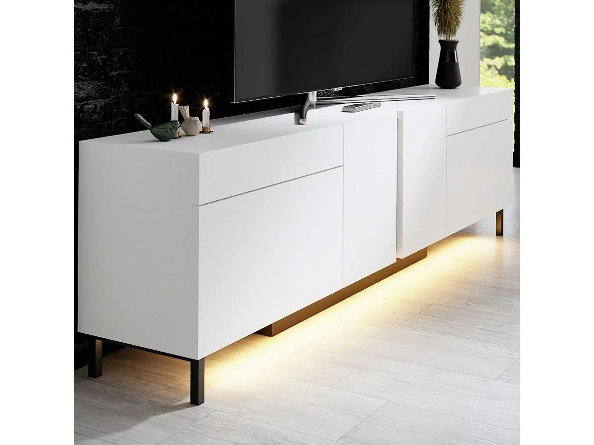 Meuble TV 4 portes blanc LED à télécommande AURA