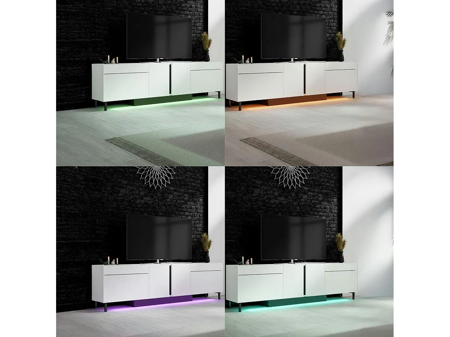 Meuble TV 4 portes blanc LED à télécommande AURA