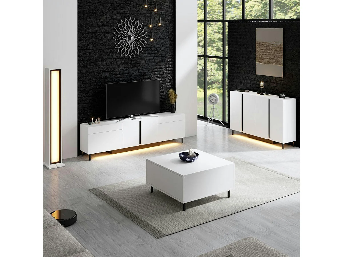 Meuble TV 4 portes blanc LED à télécommande AURA
