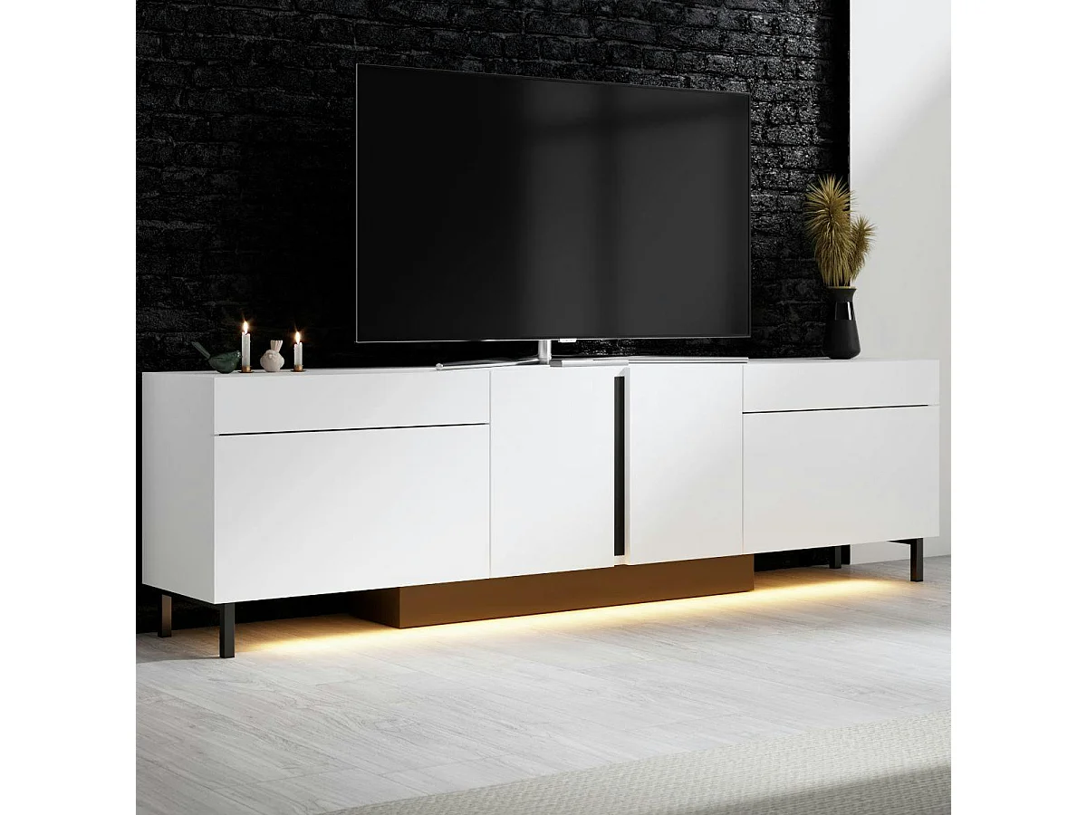Meuble TV 4 portes blanc LED à télécommande AURA