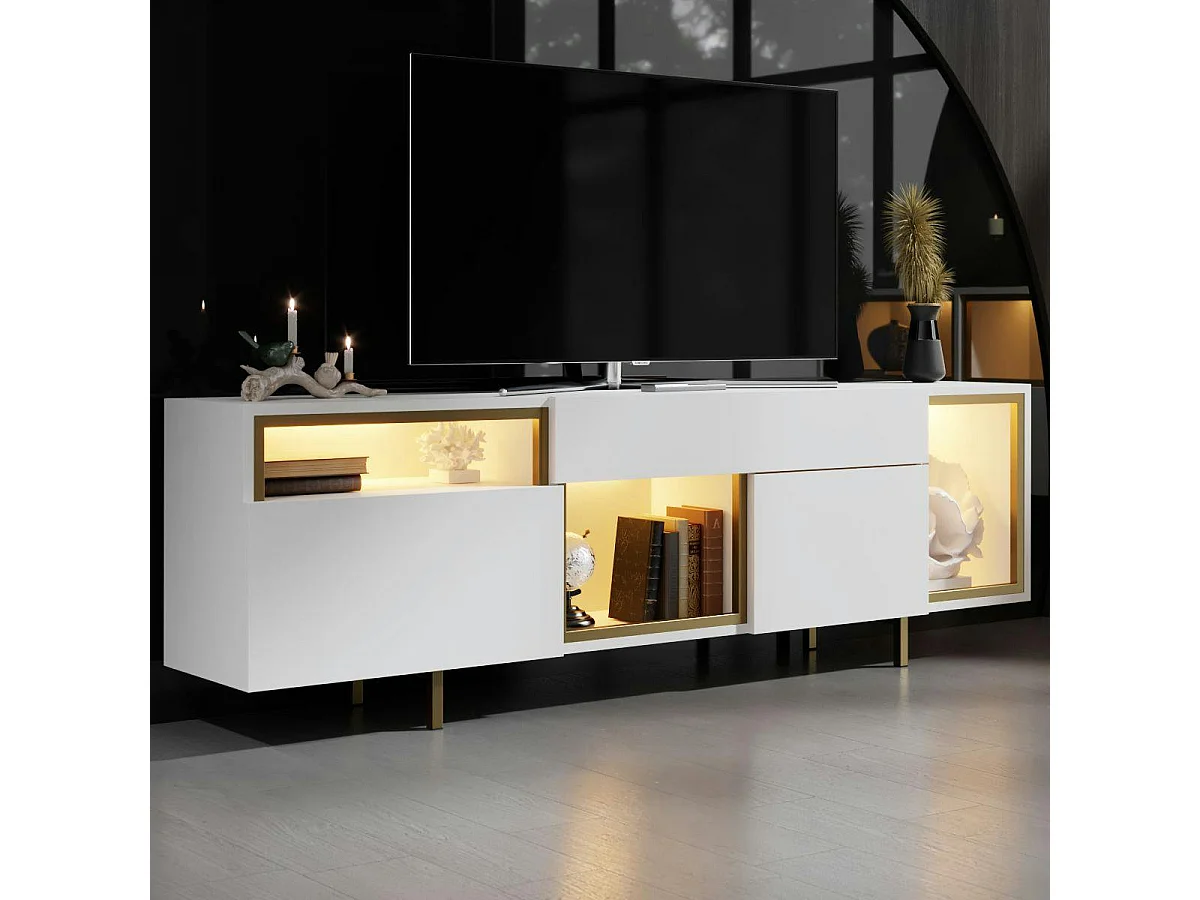Buffet blanc et doré 2 portes 3 niches LED AURA