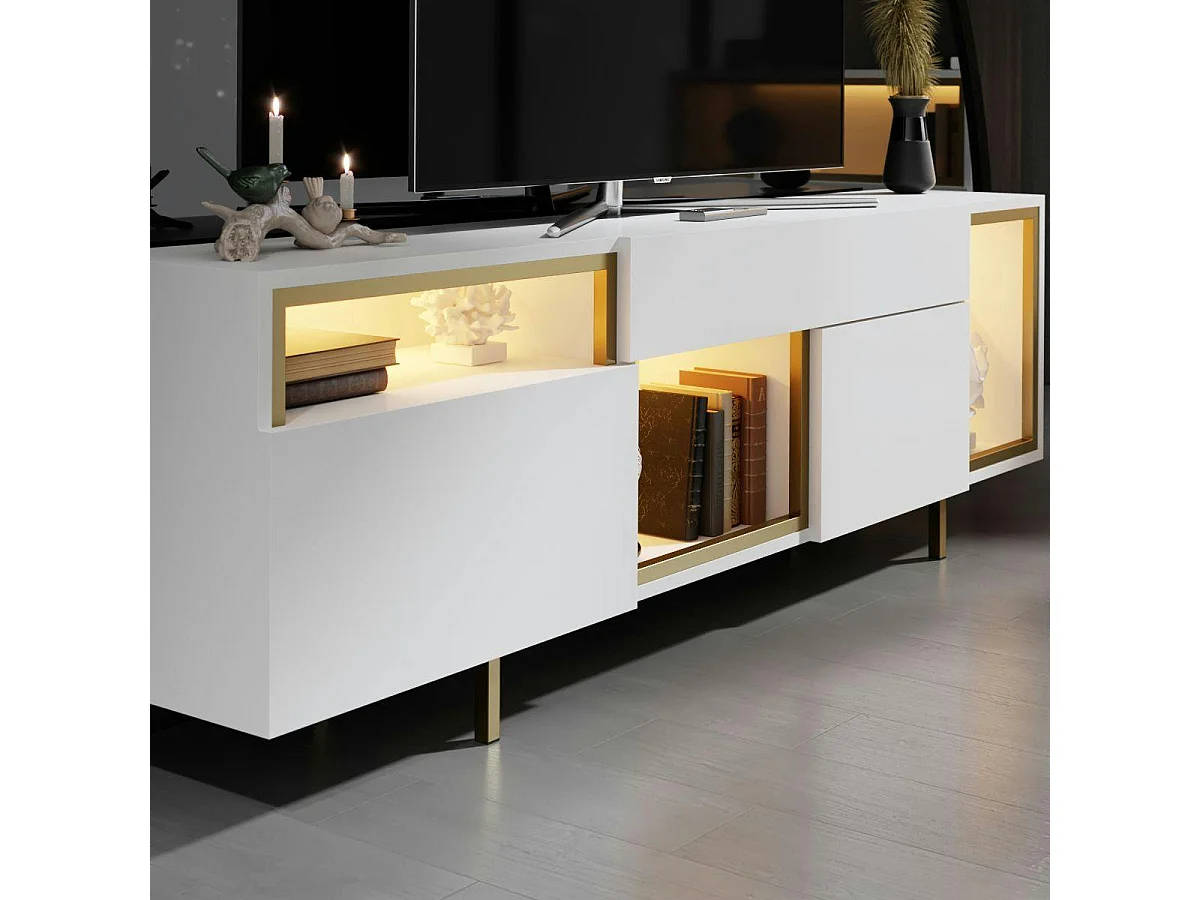 Buffet blanc et doré 2 portes 3 niches LED AURA