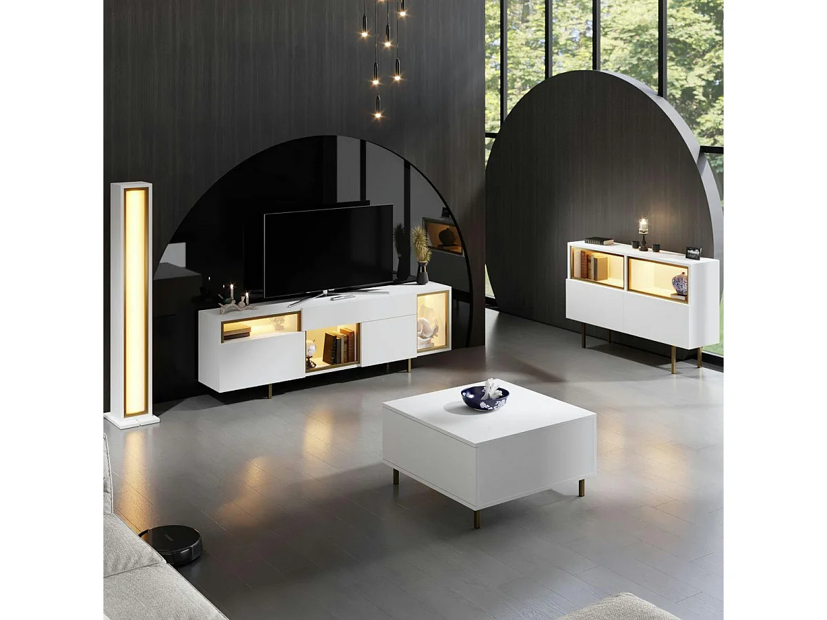 Buffet blanc et doré 2 portes 3 niches LED AURA