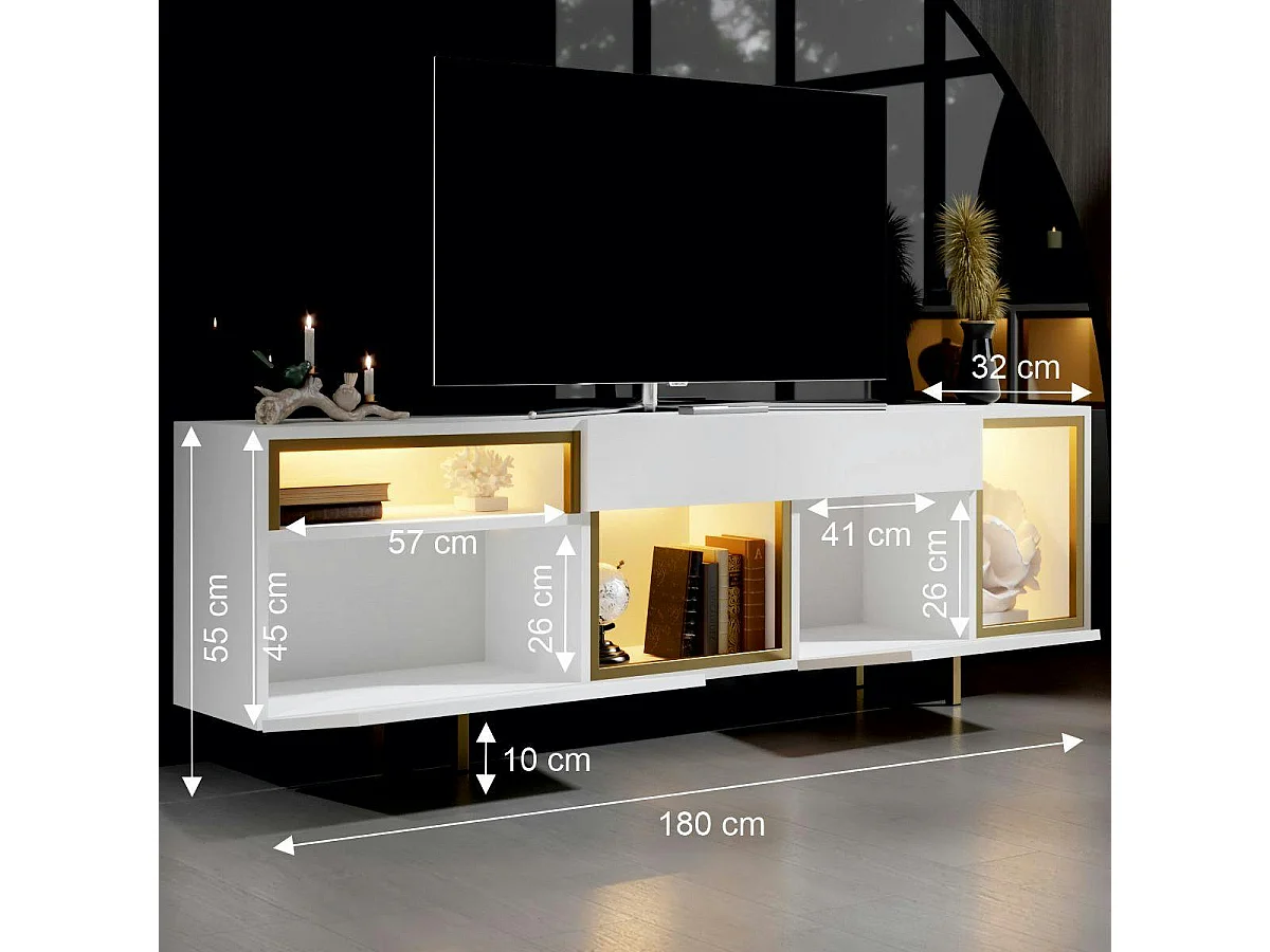 Buffet blanc et doré 2 portes 3 niches LED AURA