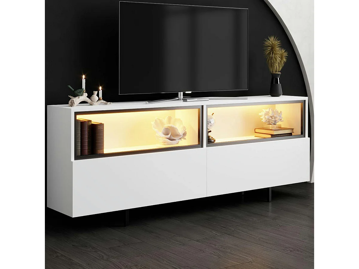 Meuble TV blanc 2 portes 2 niches hautes LED AURA