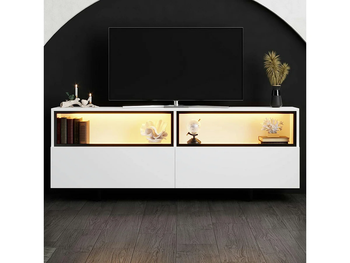 Meuble TV blanc 2 portes 2 niches hautes LED AURA